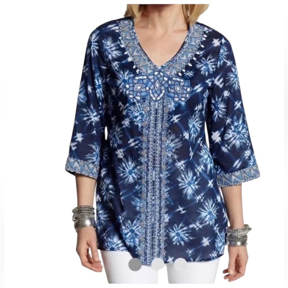 Chico's Marvelous Motif Maddie Beaded Tunic Beachy Vacation Resort Wear top 3 - Picture 10 of 11